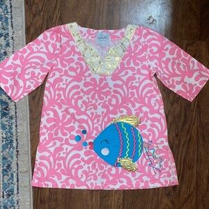 Mud Pie Pink Patterned Fish Applique Tunic Top Swim Cover Up Size 4t